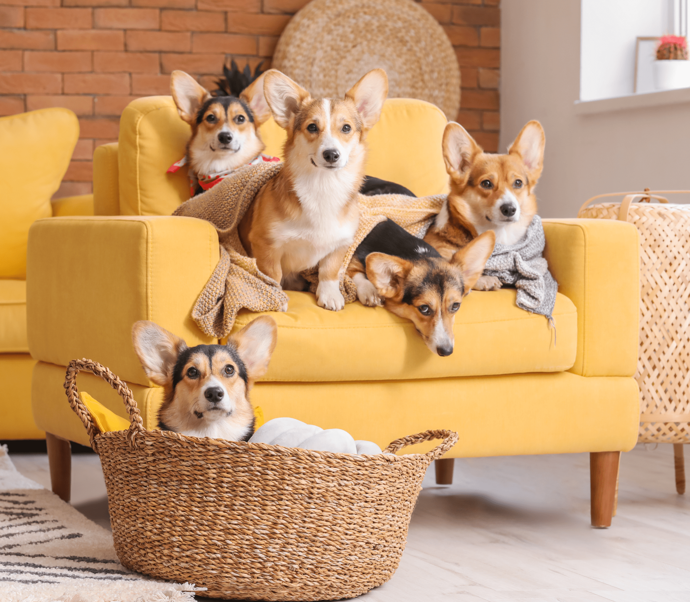 Five brown corgies in a yellow couch and brown basket